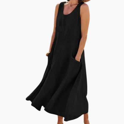 LP | Abito midi senza maniche in lino da donna con scollo rotondo e tasche