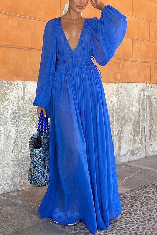 LP | Maxi abito in chiffon con gemme blu e vita arricciata