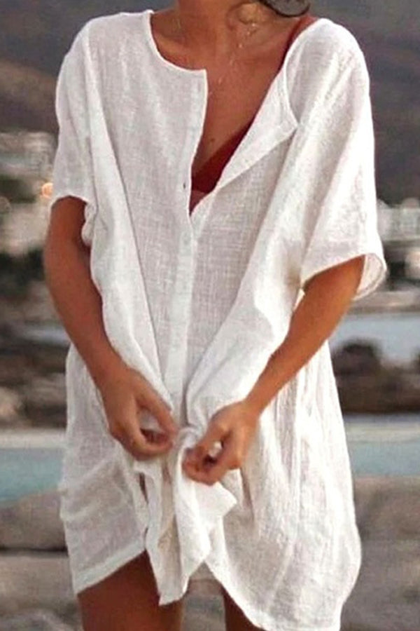 LP | Allentato colore solido camicia abito manica corta spiaggia protezione solare abbigliamento