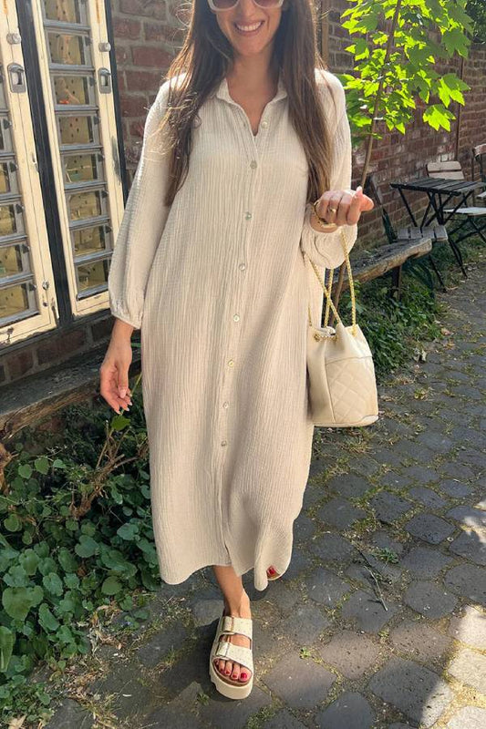 LP | Bianco Colletto risvoltato testurizzato Abito a camicia lungo
