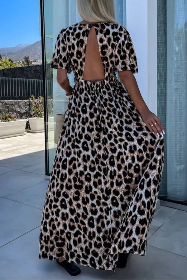 LP | Khaki Leopard Maxi abito aperto sul retro con scollo a V e vita alta