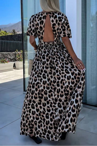 LP | Khaki Leopard Maxi abito aperto sul retro con scollo a V e vita alta