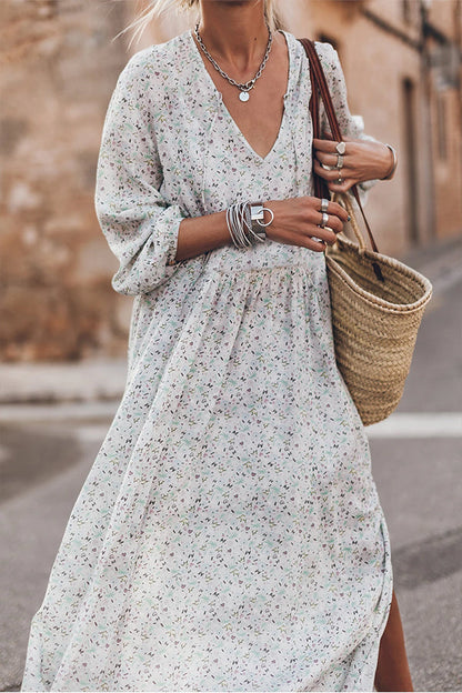 LP | Maxi abito floreale multicolore con scollo a V e spacchi