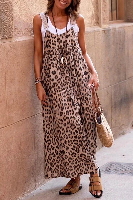 LP | Maxi abito con cinturini patchwork con stampa leopardata