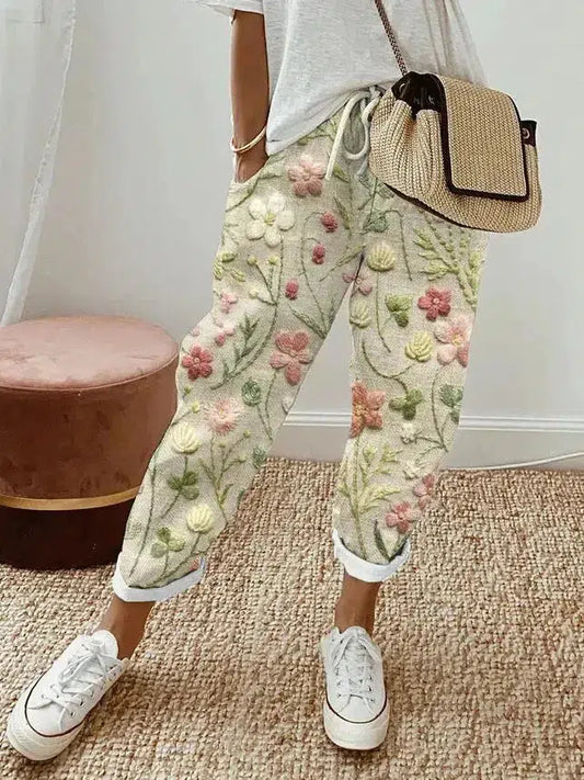 LP | Pantaloni con tasca laterale con stampa di piante fresche