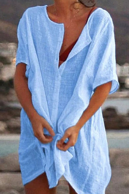 LP | Allentato colore solido camicia abito manica corta spiaggia protezione solare abbigliamento