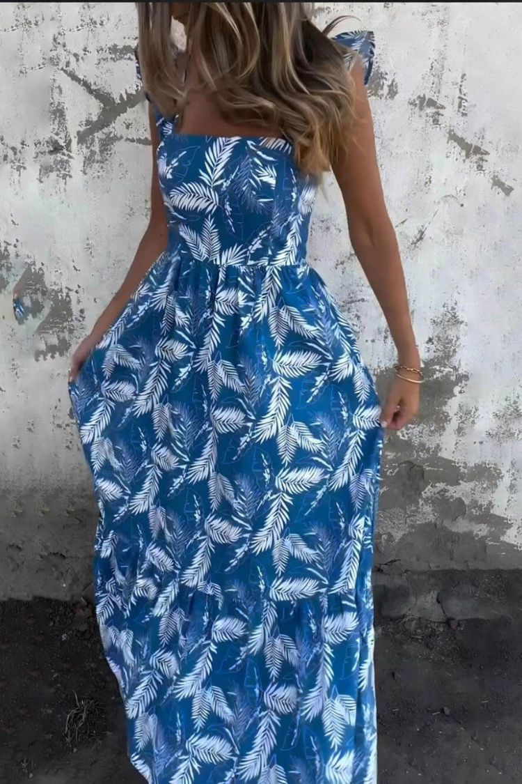 LP | Elegante abito maxi con stampa di piume e manica a balze