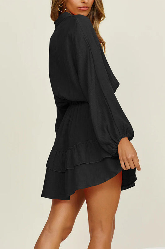 LP | Pulsante manica lunga allentata camicia abito vita elasticizzata gonna volant