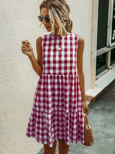 LP | Abito da donna aderente con scollo rotondo alla moda e gonna a quadri color pastello