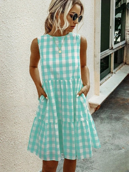 LP | Abito da donna aderente con scollo rotondo alla moda e gonna a quadri color pastello