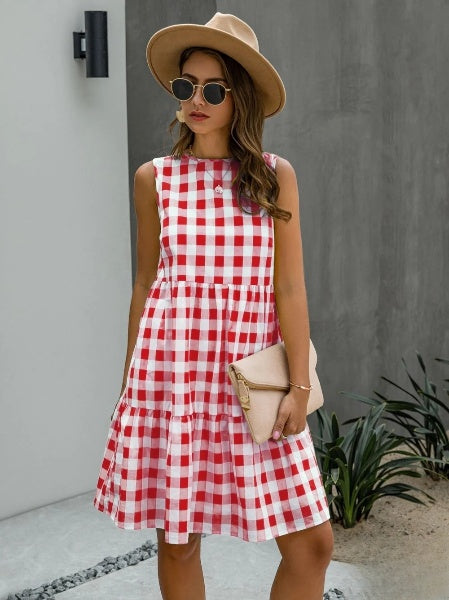 LP | Abito da donna aderente con scollo rotondo alla moda e gonna a quadri color pastello