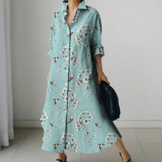 LP | Vestito camicia retrò floreale con scollo a V e tasche