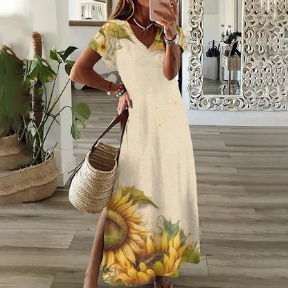 LP | Abiti grafici floreali con stampa a girasole per donne Plus Size Vestito midi elegante