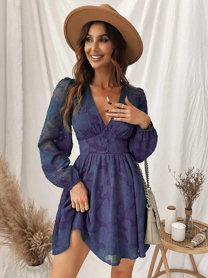 LP | 2024 Sexy mini abito boho a maniche lunghe, verde, scollato, linea A