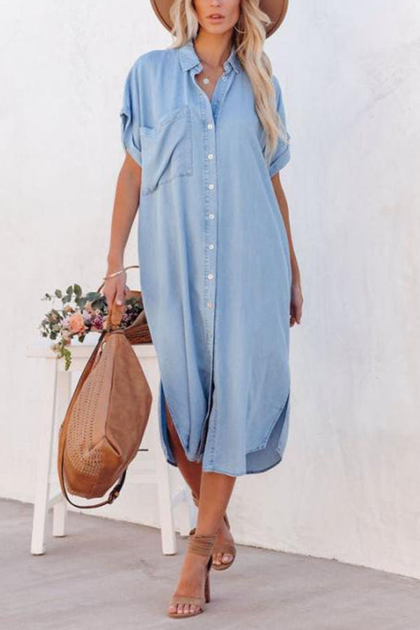 LP | Moda tinta unita Denim manica corta camicia con spacco lungo vestito