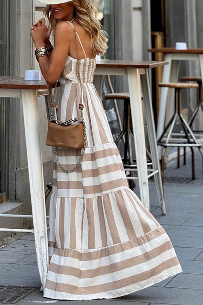 LP | estate stampa a righe patchwork arruffato maxi abito senza schienale