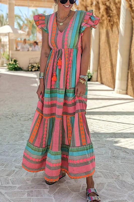 LP | Sunlit Magic - Lino in misto lino con stampa etnica e manica con ruches - Maxi abito con nappe