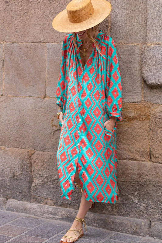LP | Azzurro Stampa geometrica Scollo diviso Abito a camicia sciolto