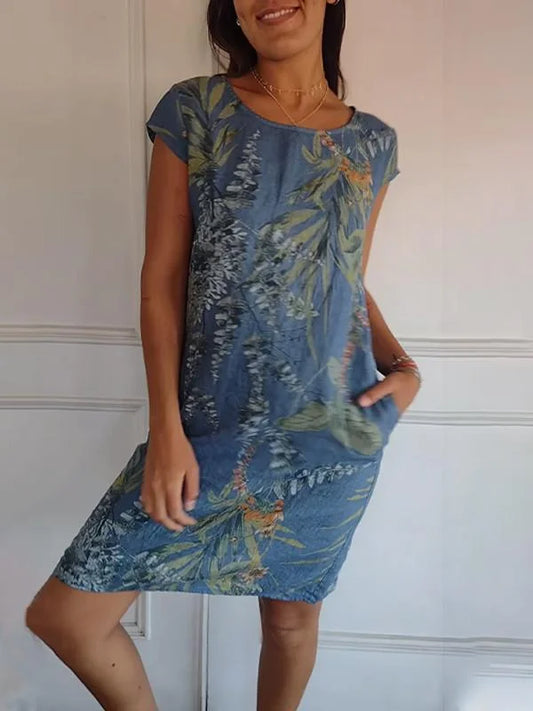 LP | Abito da donna in cotone e lino stampato con scollo rotondo