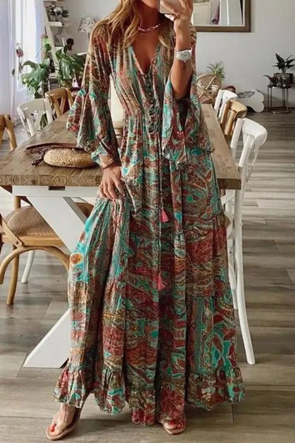 LP | Maxi abito a maniche lunghe con scollo a V e stampa Peris per le vacanze