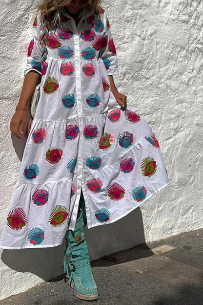 LP | Portami a Cabo Stampa etnica unica Pulsante Camicia allentata Midi Dress