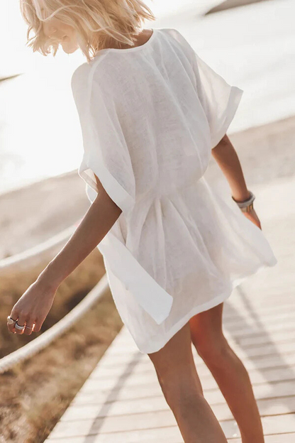 LP | mini abito kimono con cintura da taschino in misto cotone e lino