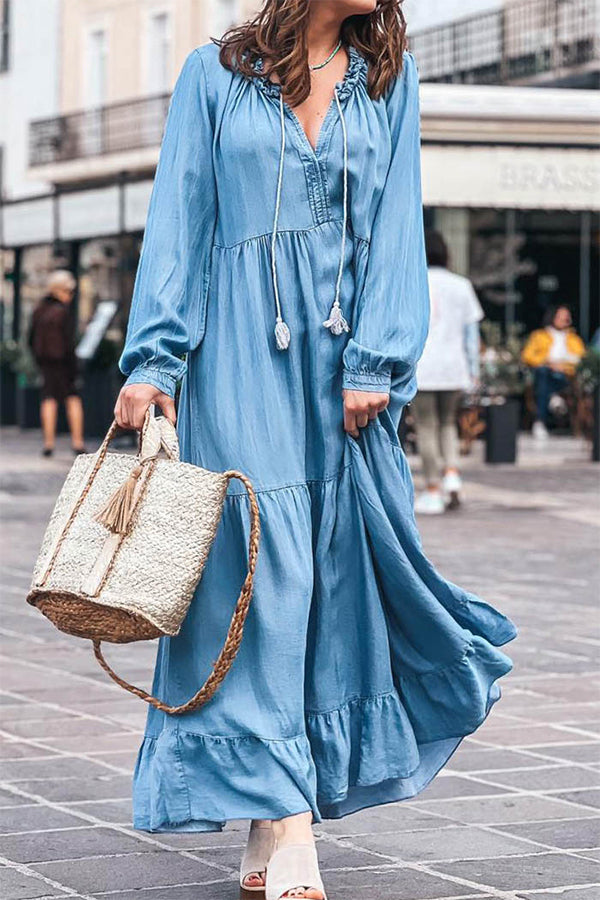 LP | Maxi abito a maniche lunghe in denim con scollo a V e balze