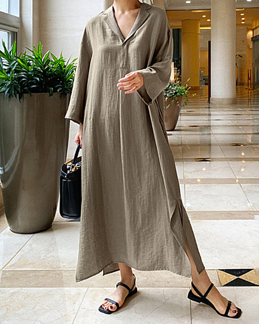 LP | Vestito di camicia estivo di colore solido allentato e a maniche lunghe con scollo a V