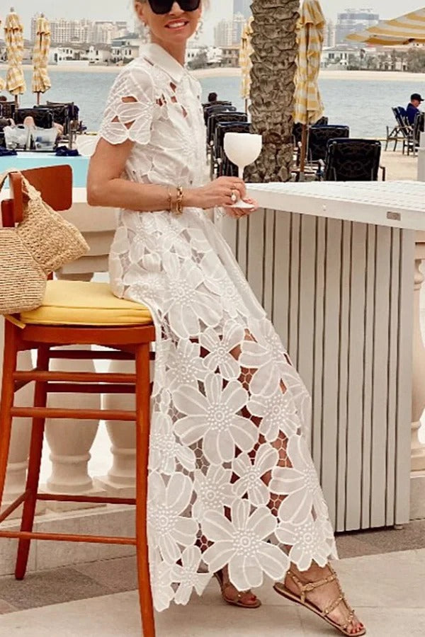 LP | Dubai Style floreale all'uncinetto pizzo manica corta Tie-up camicia Maxi Dress
