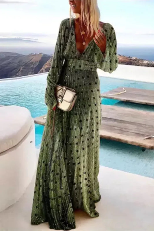 LP | Stampa elegante Collo a V profondo Moda lucida Maxi abito a maniche lunghe