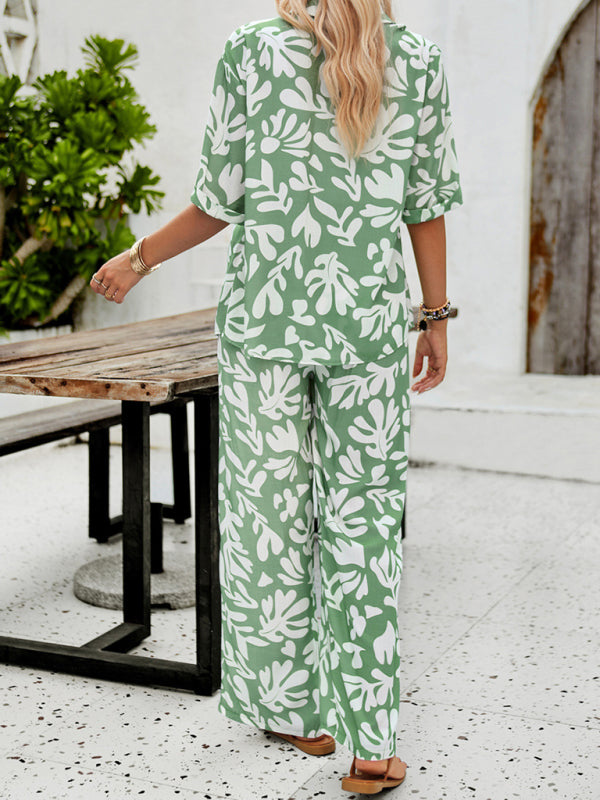 LP | Nuove donne casual moda stampato risvolto camicia manica corta e pantaloni abito vacanza