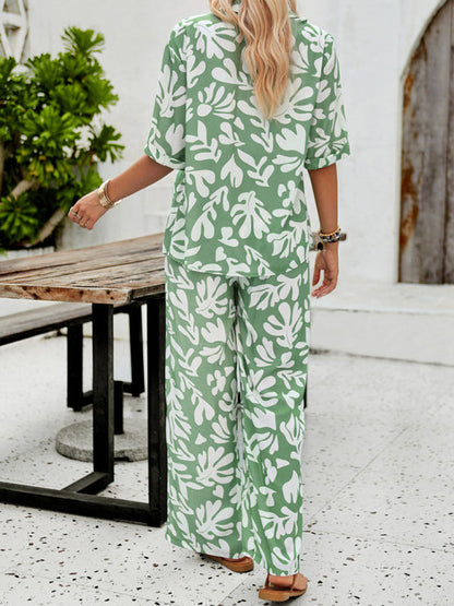 LP | Nuove donne casual moda stampato risvolto camicia manica corta e pantaloni abito vacanza