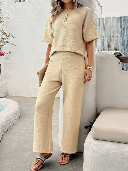 LP | Nuova primavera e estate casual tinta unita maglia pantaloni manica corta abito
