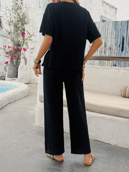 LP | Nuova primavera e estate casual tinta unita maglia pantaloni manica corta abito