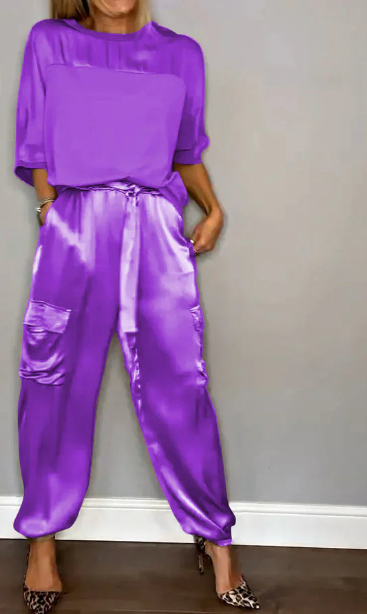 LP | Set due pezzi con top e pantaloni in raso monocolore per donna