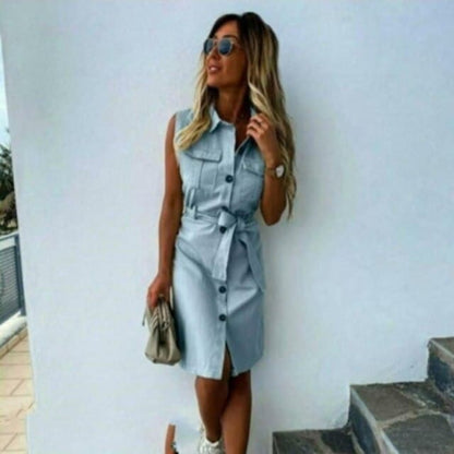LP | donne vintage frontale pulsante fusciacca cappotto partito vestito senza maniche girare giù collare casual mini abito estate moda nuovo vestito